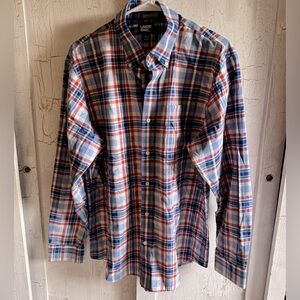 LANDS END Mens Plaid Long Sleeve Red White Blue Button up Shirt size Large